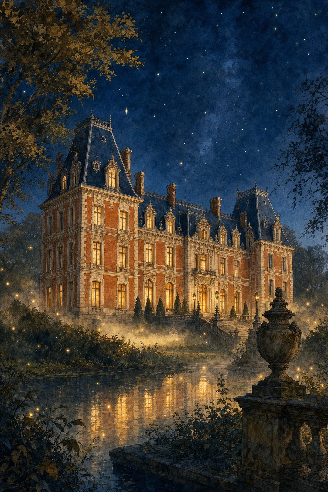 Le Château des Caramans reconstitué, au crépuscule